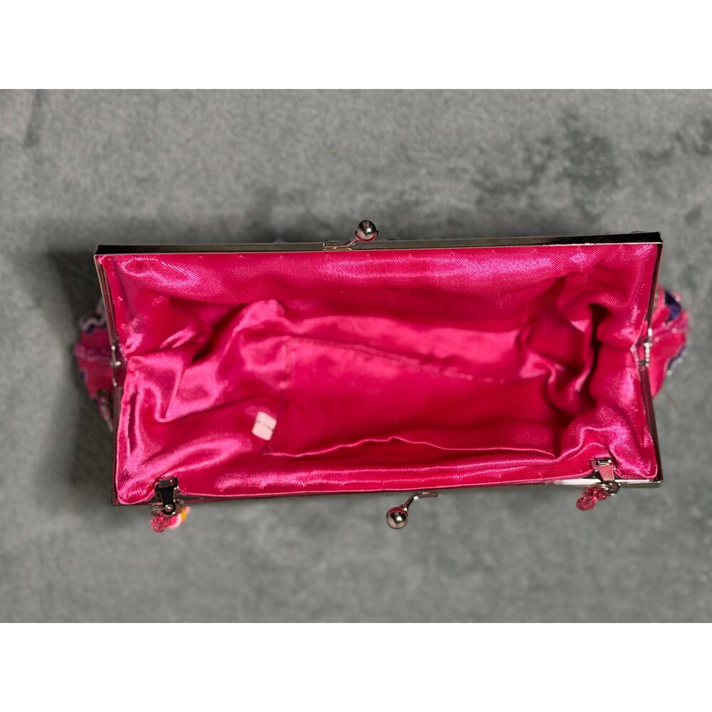 Pink Embroidered Satin Clutch Evening Bag Kiss Lock Boho Festival Statement Bag - Picture 3 of 11